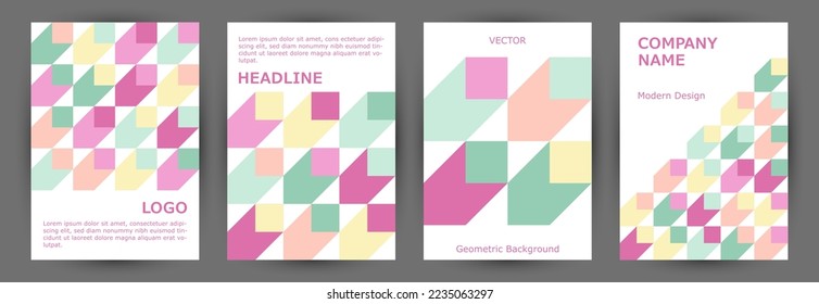 Corporate notebook front page template collection graphic design. Memphis style retro journal mockup collection vector. Tile geometric shapes background vertical cover design