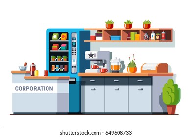 Corporate Office Dining Room & Kitchen Interior Design With Table, Cupboard, Vending Machine And Coffee Maker. Business Break Or Lunch Time. Flat Style Vector Illustration Isolated On White Background