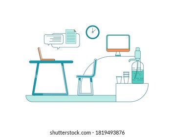 Corporate office flat color vector scene. Desktop with computer. Employee workspace. Online remote communication. Cabinet space isolated cartoon illustration for web graphic design and animation