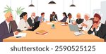 Corporate office group holding business meeting leading discussion at table in conference room vector illustration. Businesspeople office team brainstorming showcasing teamwork and collaboration