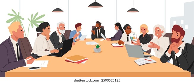 Corporate office group holding business meeting leading discussion at table in conference room vector illustration. Businesspeople office team brainstorming showcasing teamwork and collaboration