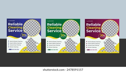 Corporate office and house cleaning service business promotion social media post or web banner template design. Housekeeping, wash, clean or repair service marketing flyer with abstract background.