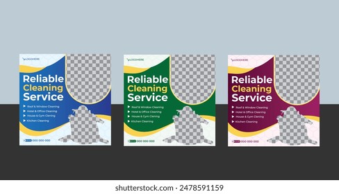 Corporate office and house cleaning service business promotion social media post or web banner template design. Housekeeping, wash, clean or repair service marketing flyer with abstract background.