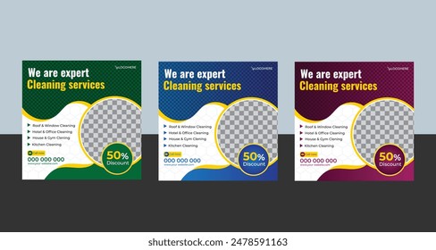 Corporate office and house cleaning service business promotion social media post or web banner template design. Housekeeping, wash, clean or repair service marketing flyer with abstract background.