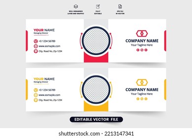 Corporate office individual email signature design with photo placeholders. Modern business email signature decoration with creative shapes. Individual web mailing interface with red and yellow colors