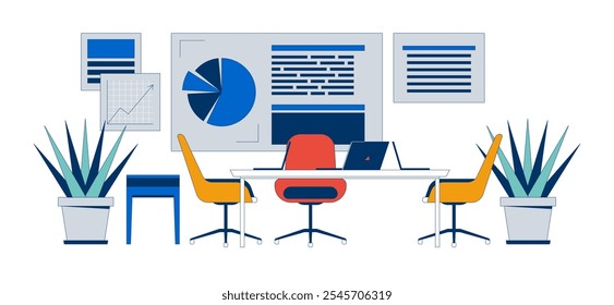 Corporate office interior with info charts cartoon flat illustration. Boardroom with furniture, houseplants and data presentation 2D scene isolated on white background. Vector colorful image