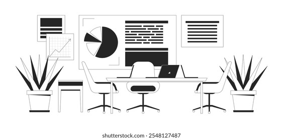 Corporate office interior with info charts linear illustration. Boardroom with furniture, houseplants and data presentation 2D line scene isolated on white. Monochrome vector outline image