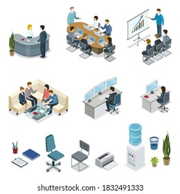 Corporate office life. Isometric business workflow process set. Vector business people at workplace, furniture kit illustration. Meeting, teamwork, brainstorming corporate life. Office interior room