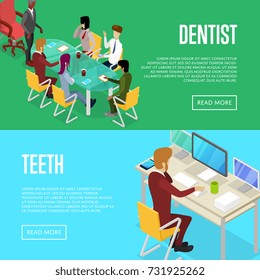 Corporate office life isometric posters. Team workspace concept with busy business people in conference room, man working in office at computer. Together professional occupation vector illustration