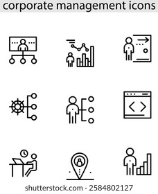 Corporate Office Management Icons: Collaboration, Project Management, Productivity, Communication, Finance, HR, Strategy, Data Analysis, Workflow, and Administration.