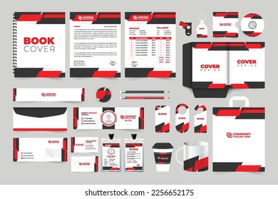 Corporate office stationery template set vector with red and dark colors. Company ID card, phone case, and door hanger design for advertisement. Business brand identity template collection.