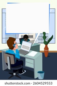 	
Corporate office with two professionals working and a received email - blank space to insert text	