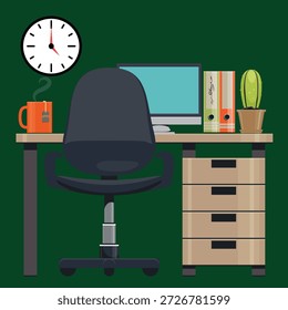 Ilustración vectorial Corporativa del Espacio de trabajo de la oficina con el escritorio y la silla