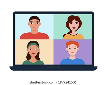 Corporate online video conference on a laptop. Work from home. Flat vector illustration.