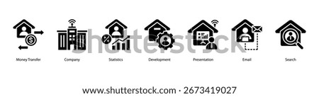 Corporate Operations web banner vector illustration featuring Money Transfer, Company, Statistics, Development, Presentation, Email, and Search.