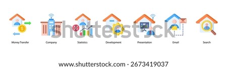 Corporate Operations web banner vector illustration featuring Money Transfer, Company, Statistics, Development, Presentation, Email, and Search.