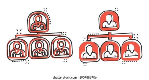 Corporate organization chart people vector icon in comic style. People cooperation cartoon illustration on white background. Teamwork splash effect business concept.