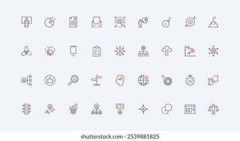 Corporate organization of company, business process management line icon set. Planning training and events, communication and hierarchy structure thin black and red outline symbols vector illustration