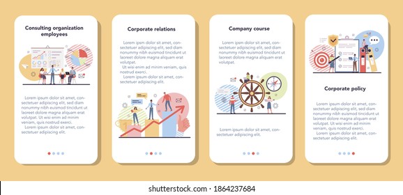Juego de banners de aplicaciones móviles de organización corporativa. Ética empresarial. Cumplimiento de las regulaciones corporativas. Política de la empresa y curso de negocios. Ilustración vectorial plana aislada