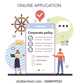 Corporate organization online service or platform. Business ethics. Corporate regulations compliance. Online application. Isolated flat vector illustration