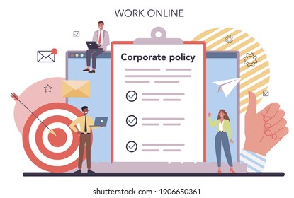 Corporate organization online service or platform. Business ethics. Corporate regulations compliance. Online work. Isolated flat vector illustration