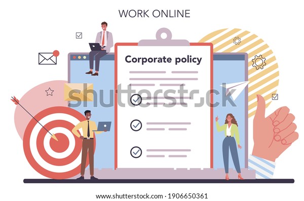 Corporate organization online service or\
platform. Business ethics. Corporate regulations compliance. Online\
work. Isolated flat vector\
illustration
