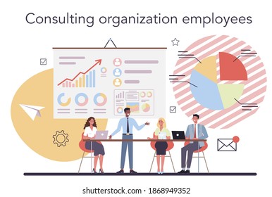 Corporate organization. Professional consultant service. Research and recommendation. Idea of data analysing and problem solution. Help clients with business problem. Isolated flat vector illustration