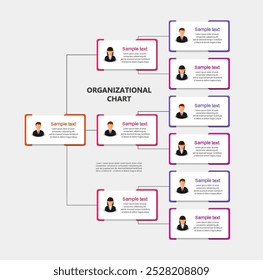 Corporativa organigrama con iconos de avatares de negocios. Elementos de infografía de jerarquía empresarial