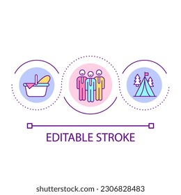 Corporate outdoors activity loop concept icon. Coworkers camping and picnic. Informal team building abstract idea thin line illustration. Isolated outline drawing. Editable stroke. Arial font used