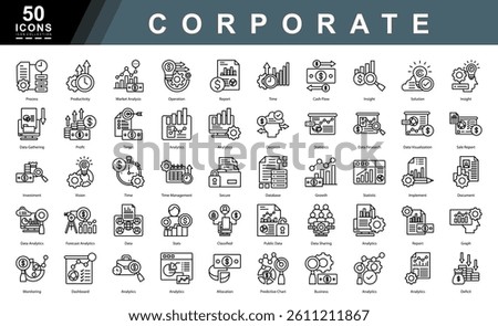 Corporate outline icon set featuring analytics, strategy, growth, reporting, productivity, and forecasting. Ideal for business presentations, dashboards, data systems, and financial visuals.