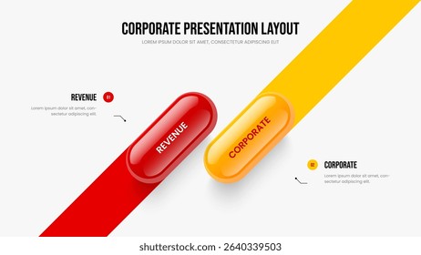 Corporate Overview 2 Element Diagram Slideshow Template. Business Insight Two Step Infographic Presentation Layout. Product Performance Frame Design Vector Illustration.