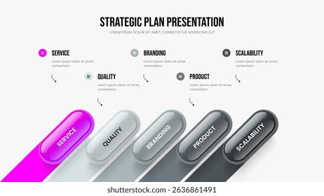 Corporate Overview Five Step Infographic Frame Design. Visual Showcase Slideshow Template Vector Illustration. Consulting Innovation 5 Element Diagram Slide Layout.