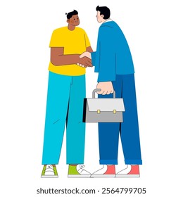 Corporate partnership concept. Two diverse businessmen shaking hands in a friendly greeting. Professional agreement and successful negotiation. Vector illustration.