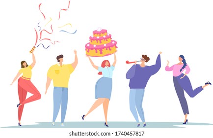 Corporate party. Employee’s birthday. People wish happy birthday. Flat vector illustration. Cake, clapperboard, confetti.