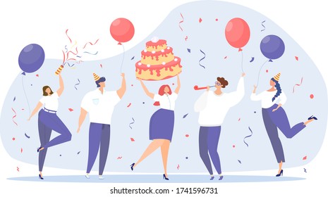 Fiesta corporativa. Cumpleaños del empleado. La gente desea feliz cumpleaños. Ilustración vectorial plana. Pastel, bolas, galletas, confeti, diversión. Estilo corporativo unificado.