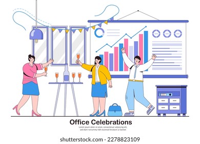 Corporate party with business team and office workers group. Company employes or partners celebrating financial success. Outline design style minimal vector illustration for landing page, hero images.