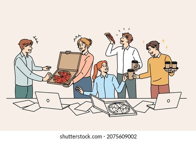 Corporate Party And Celebrating Concept. Group Of Young Colleagues Workers Eating Pizza Drinking Coffee In Office During Party Vector Illustration 