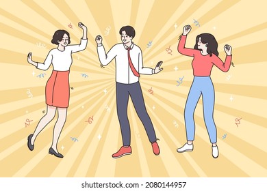 Corporate party and celebration concept. Group of young positive people colleagues dancing together feeling cheerful in office after work vector illustration 