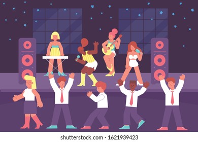 Corporate party composition with flat characters of office employees colleagues singing and dancing to the music vector illustration