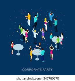 Corporate Party Concept With Isometric People Drinking And Dancing Vector Illustration