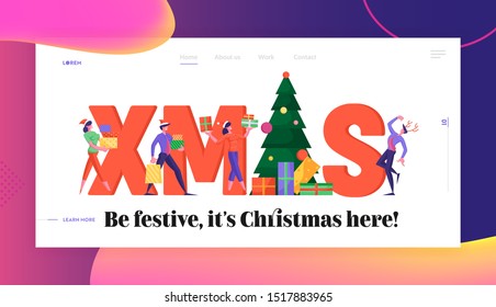 Corporate Party Concept Website Landing Page. Christmas Greeting Card, Tiny Office People Dancing Near Huge Word Xmas. Congratulations and Celebration Web Page Banner. Cartoon Flat Vector Illustration