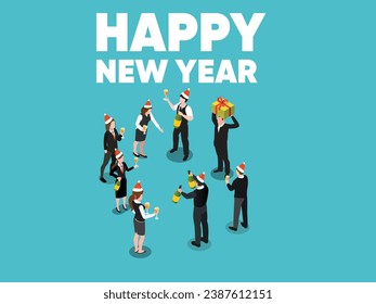 Corporate Party Event Dancing, Drinking Champagne isometric 3d vector illustration concept for banner, website, landing page, flyer, greeting card, etc