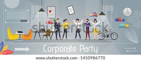 Corporate Party, Event, Holiday Celebration and Happy Business Team Banner. Joyful Employees Have Fun Drinking Beverages. Successful Work and Rest. Vector Friendly Coworking Space Cartoon Illustration