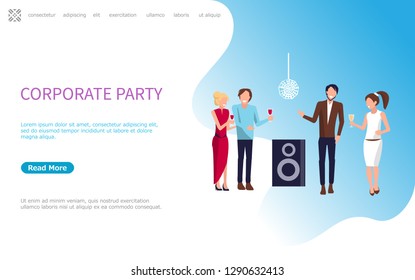 Corporate party, four persons drinking wine and having good time at disco club. Workwomen in evening dress and workmen in trouthers and shirt vector. Website or webpage template, landing page in flat