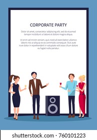 Corporate party, four persons drinking red wine and having good time at disco club on vector illustration isolated on white frame with place for text