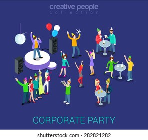 Corporate Party Holiday Event Team Building Flat 3d Web Isometric Infographic Human Relations HR Concept Vector Template. Group Young Men Girls Dancing. Creative People World Collection.