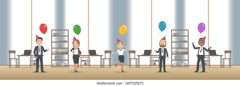 Corporate party in international company. Vector illustration.