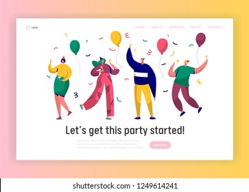 Corporate party landing page template. Happy people characters celebrating in hats and having toast for website or web page. Easy edit. Vector illustration