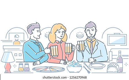 Corporate party - modern line design style illustration on white background. Colorful composition with business team, colleagues meeting after work, eating pizza, drinking beer at the bar, celebrating