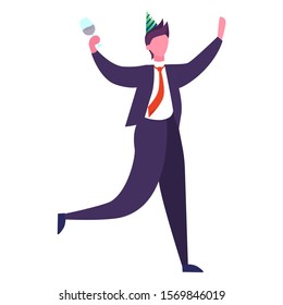 Corporate party in the office with champagne glass and party hat. Smiling people have fun and dance. Isolated flat vector illustration